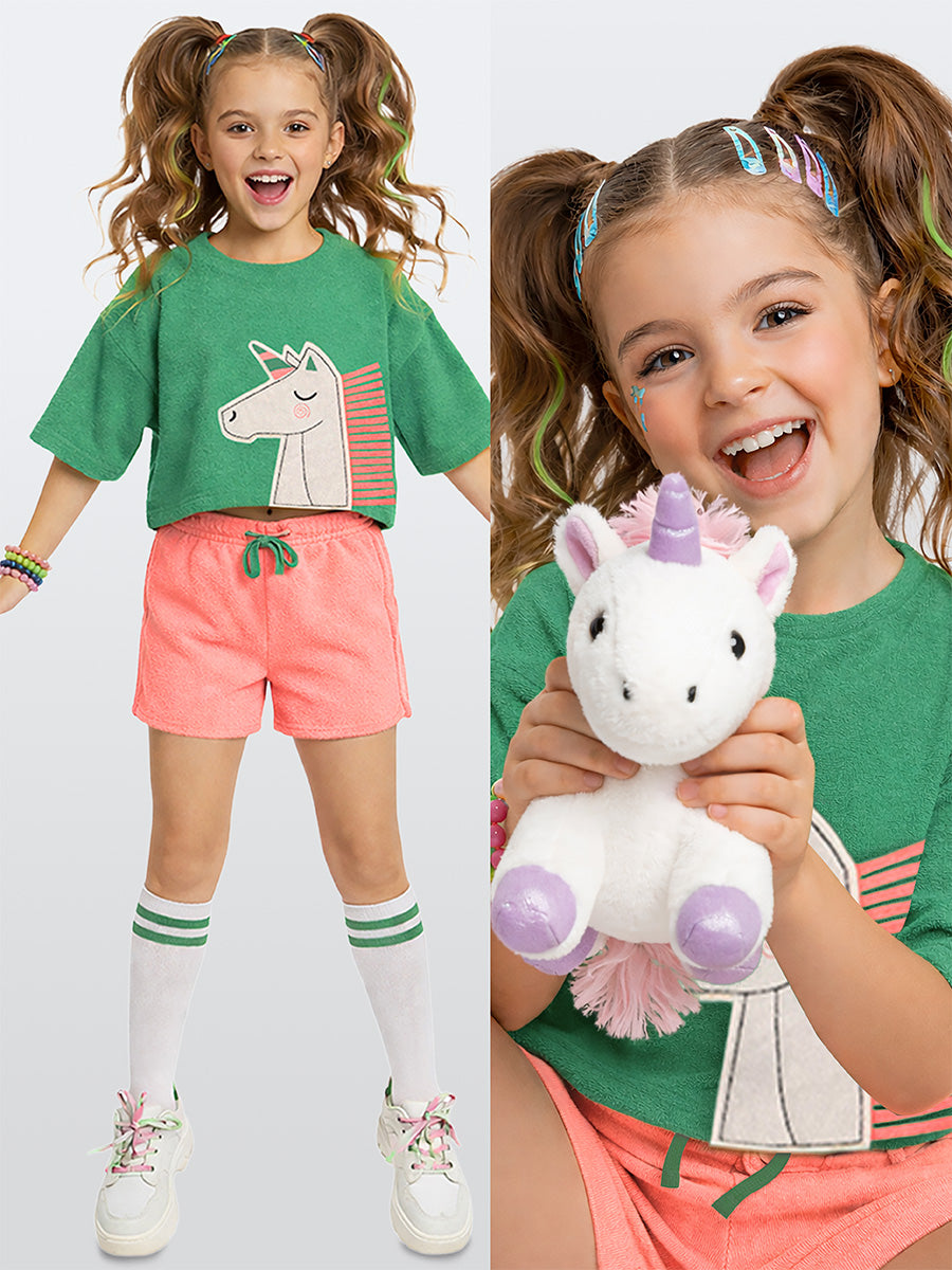 Ensemble Fille Éponge 2 Pièces avec Licorne 3D – Vert et Rose