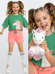 Ensemble Fille Éponge 2 Pièces avec Licorne 3D – Vert et Rose