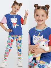 Ensemble Fille 2 Pièces Chat Licorne et Legging Imprimé Cœurs – Bleu Multicolore