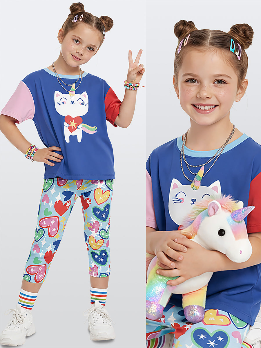 Ensemble Fille 2 Pièces Chat Licorne et Legging Imprimé Cœurs – Bleu Multicolore