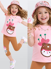 Ensemble Fille T-Shirt et Legging Imprimé Ourson Fleuri – Rose et Camel