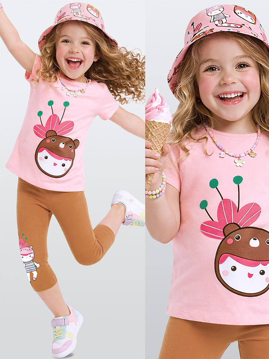 Ensemble Fille T-Shirt et Legging Imprimé Ourson Fleuri – Rose et Camel