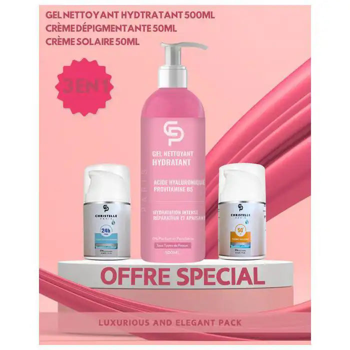 CHRISTELLE PARIS - Lot de 3 Soins – Gel Nettoyant 500 ml, Crème Anti-Taches 50 ml et Crème Solaire 50 ml