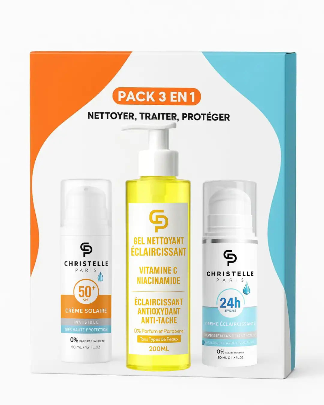 COFFRET 3 en 1 : Gel Nettoyant éclaircissant 200ML, Crème antitaches dépigmentante 50ML, écran protection invisible 50ML