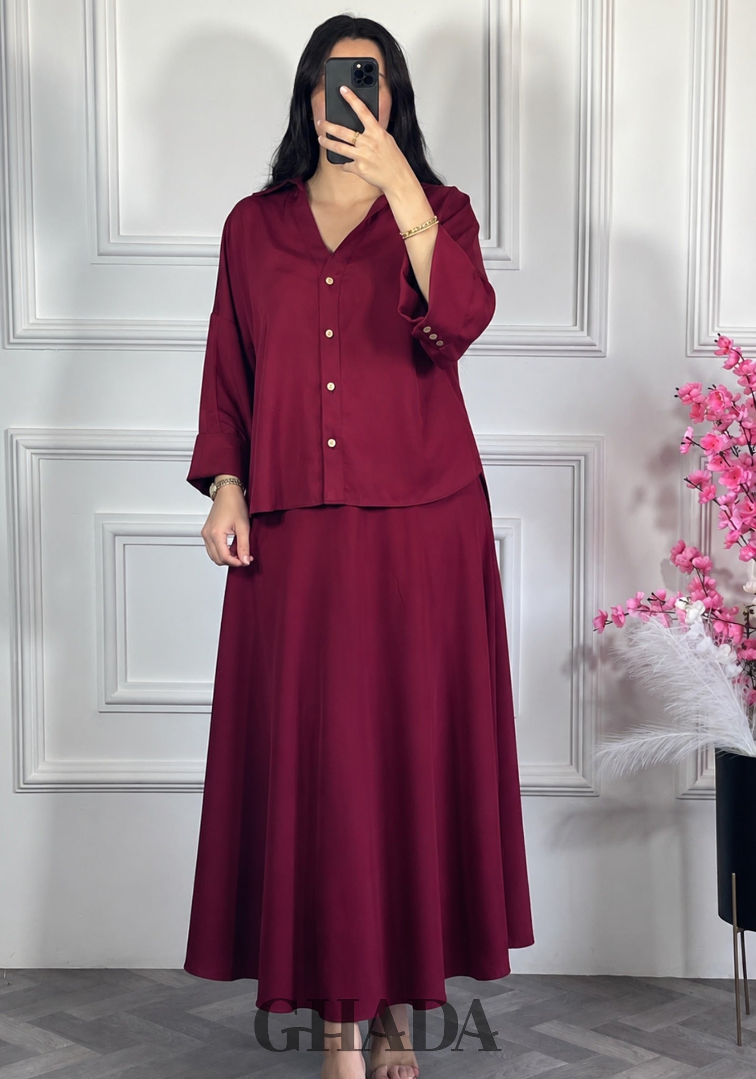 Ensemble avec jupe fluide - Rouge bordeaux vue de dos - ensemble femme - GHADA FASHION