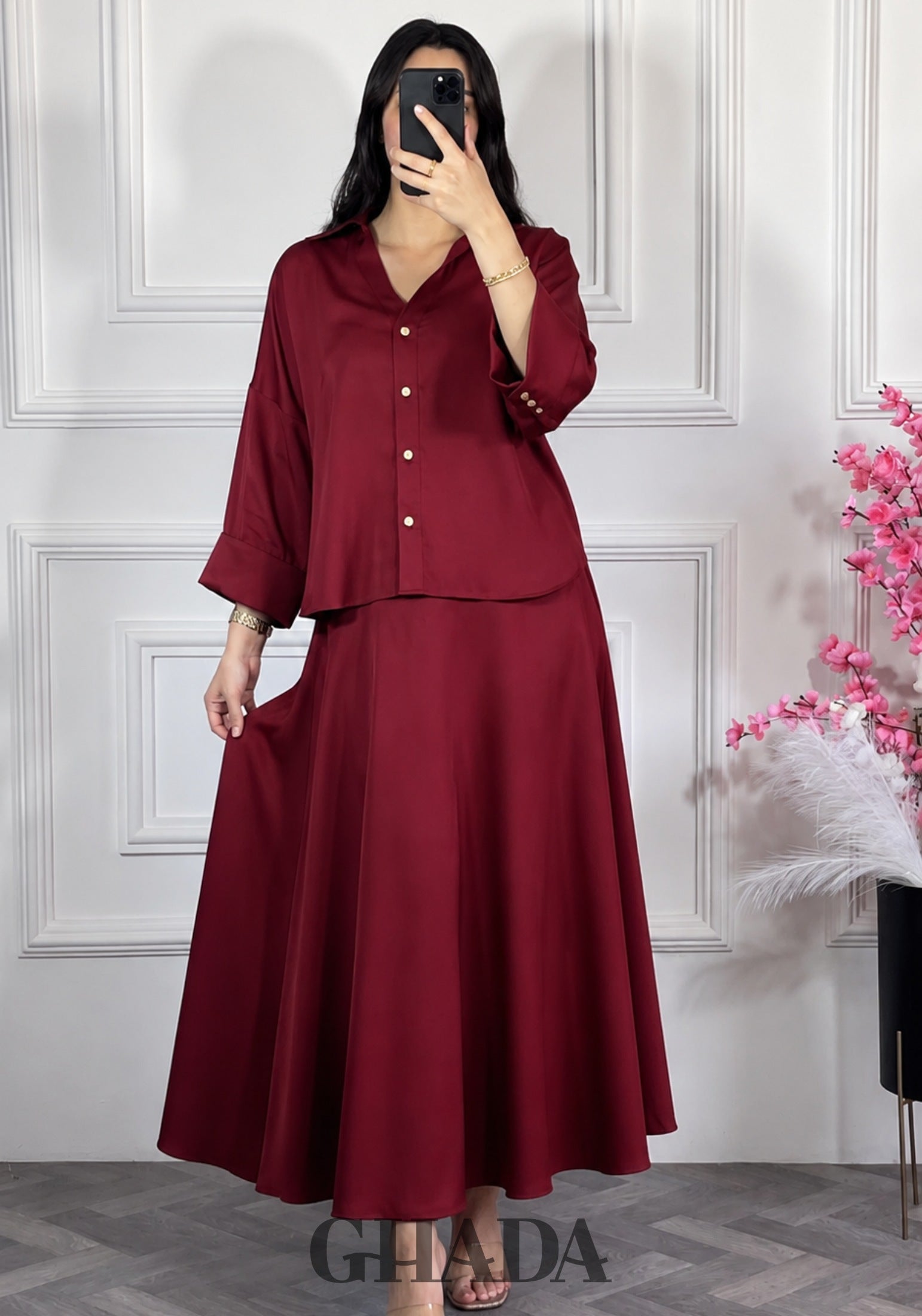 Ensemble avec jupe fluide - Rouge bordeaux vue de face - ensemble femme - GHADA FASHION