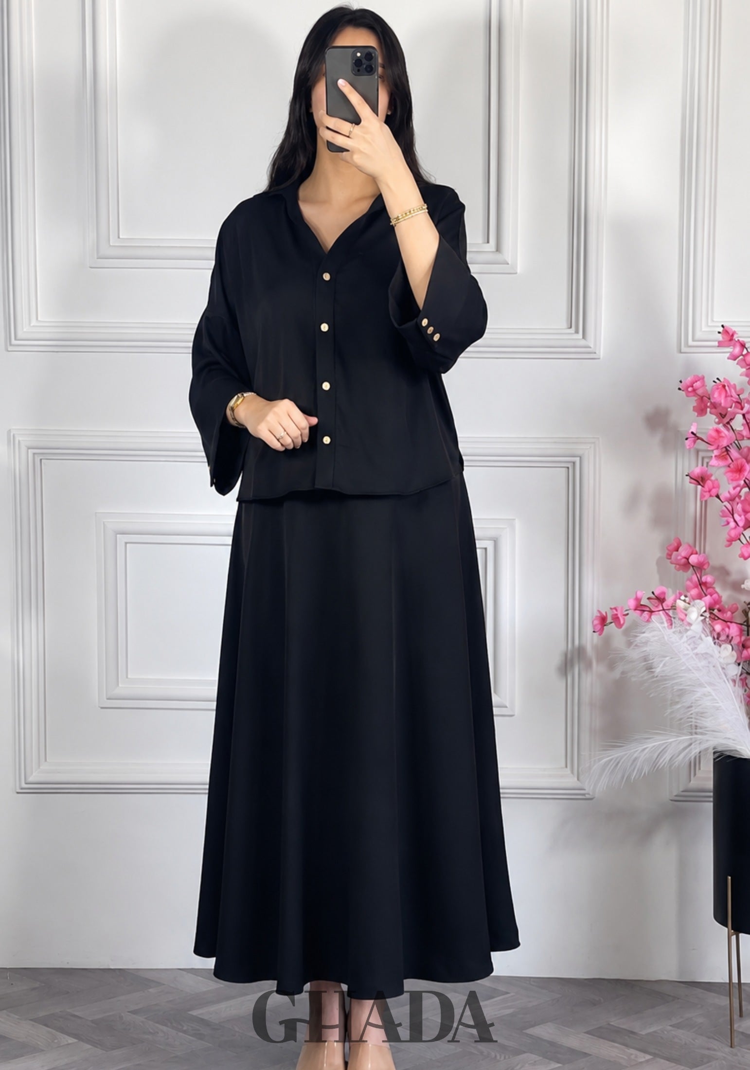 Ensemble avec jupe fluide - Noir vue de face - ensemble femme - GHADA FASHION