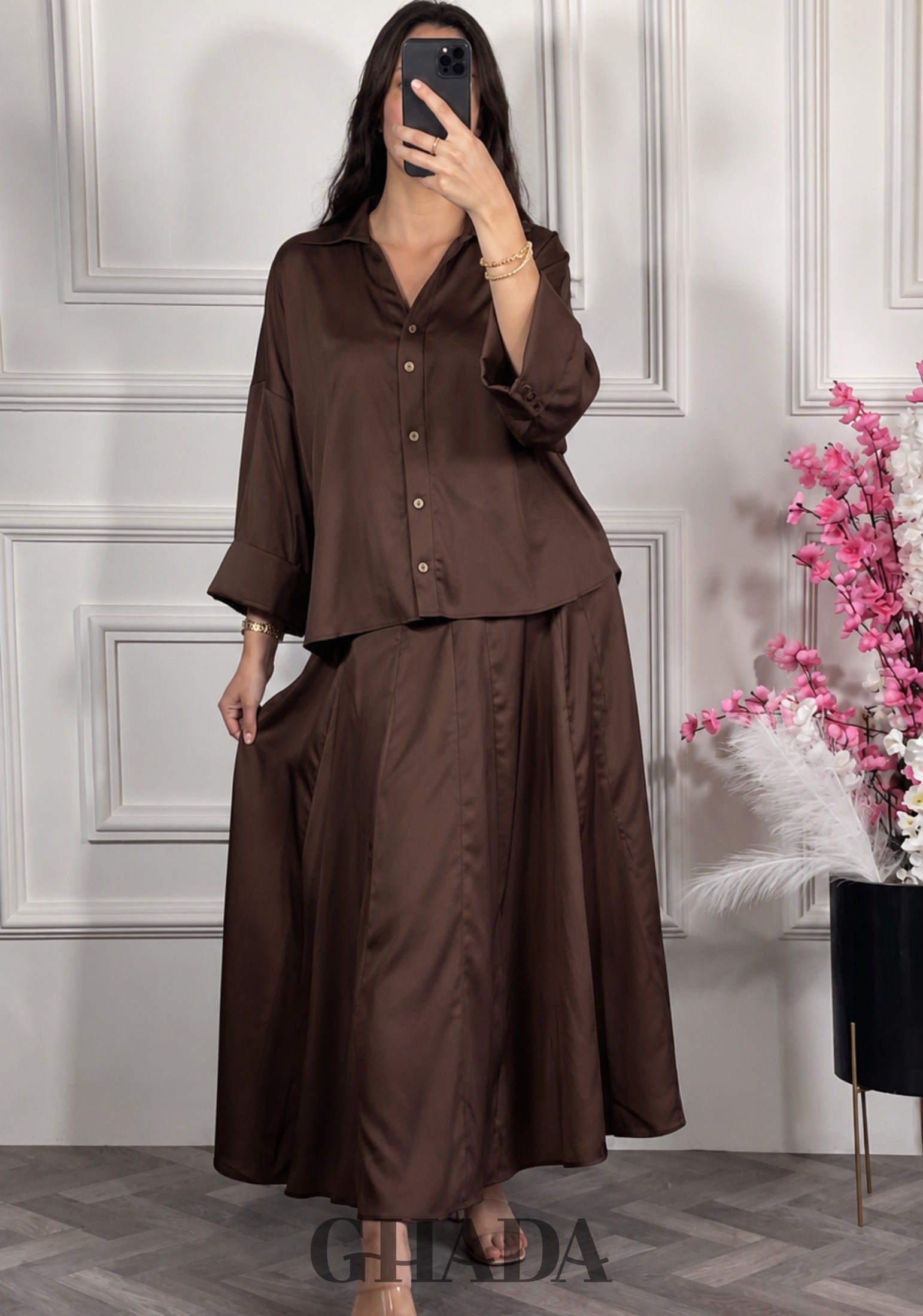 Ensemble avec jupe fluide - Marron chocolat vue de face - ensemble femme - GHADA FASHION