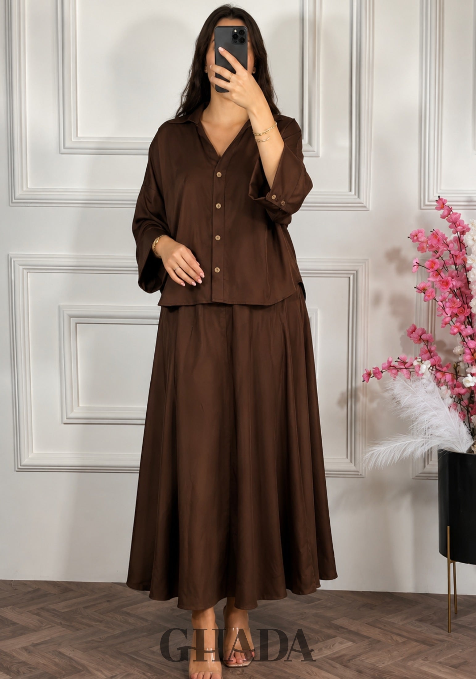 Ensemble avec jupe fluide - Marron chocolat vue de dos - ensemble femme - GHADA FASHION