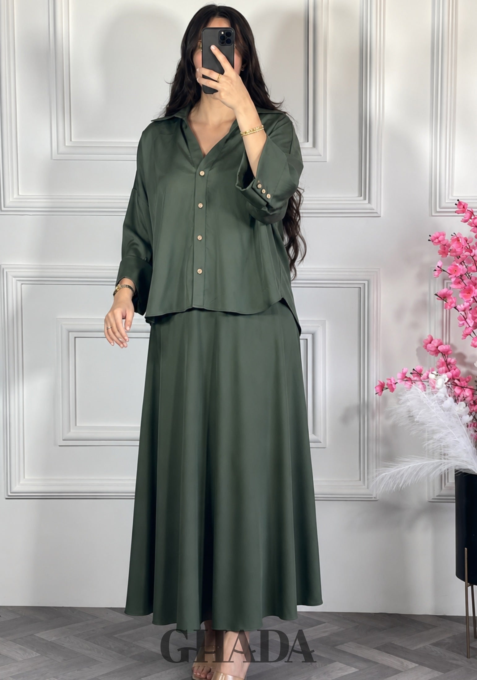 Ensemble avec jupe fluide - Vert empire vue de dos - ensemble femme - GHADA FASHION