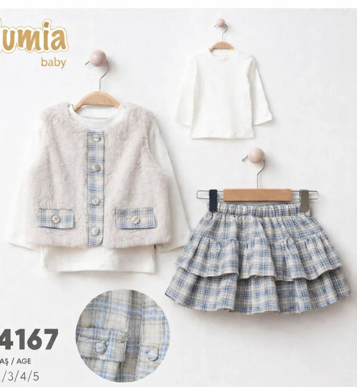 Ensemble Lumia 2-5 Ans – Veste en Fourrure et Jupe à Carreaux