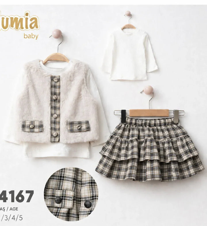 Ensemble Lumia 2-5 Ans – Veste en Fourrure et Jupe à Carreaux