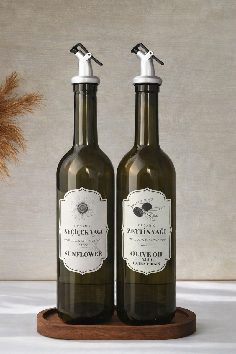 Set de 2 bouteilles d’huile en verre 750 ml avec support en bois
