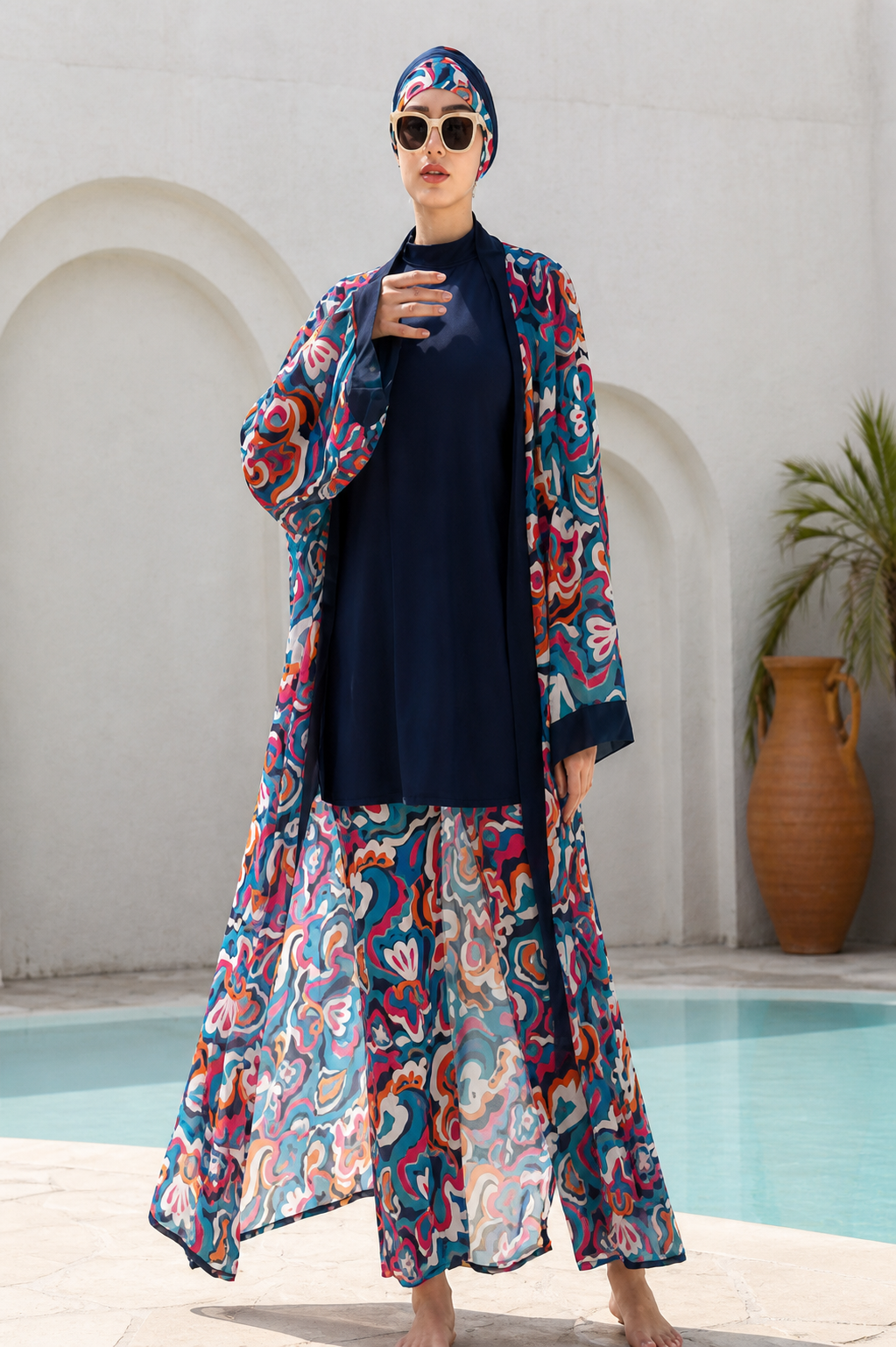 Ensemble Plage Femme 4 Pièces en Polyester – Maillot, Pantalon & Kimono