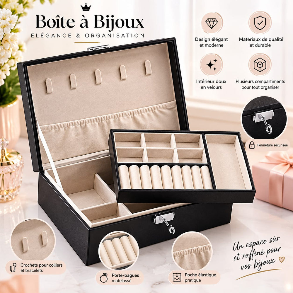 Coffret à bijoux élégant avec serrure- boite de rangement pour bijoux