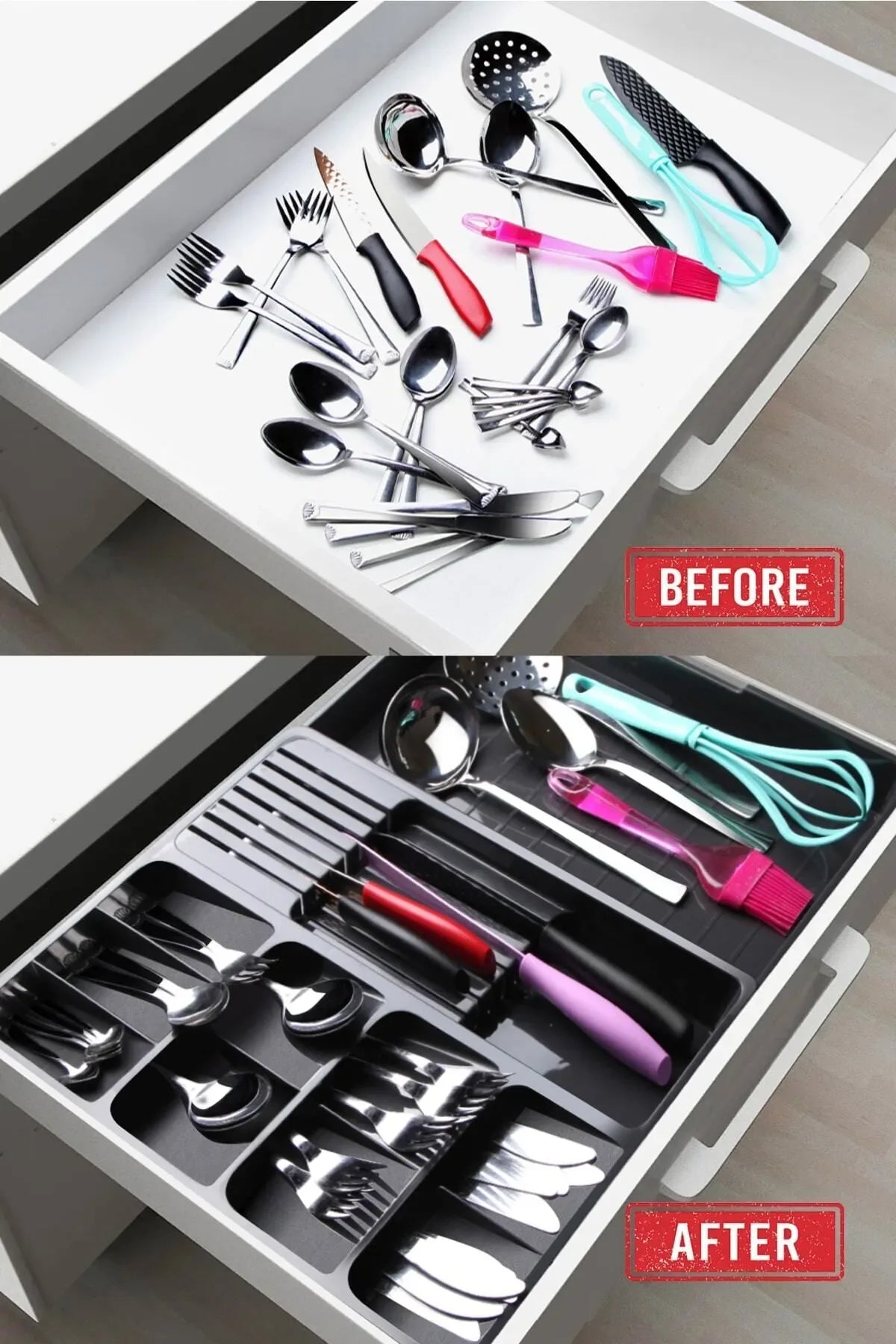 Organisateur de tiroir extensible avec support couteaux et cuillères – Anthracite - Justyol