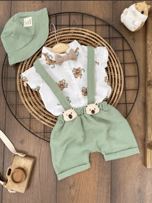 Ensemble Bébé Salopette et Chemise avec Chapeau Motif Ourson