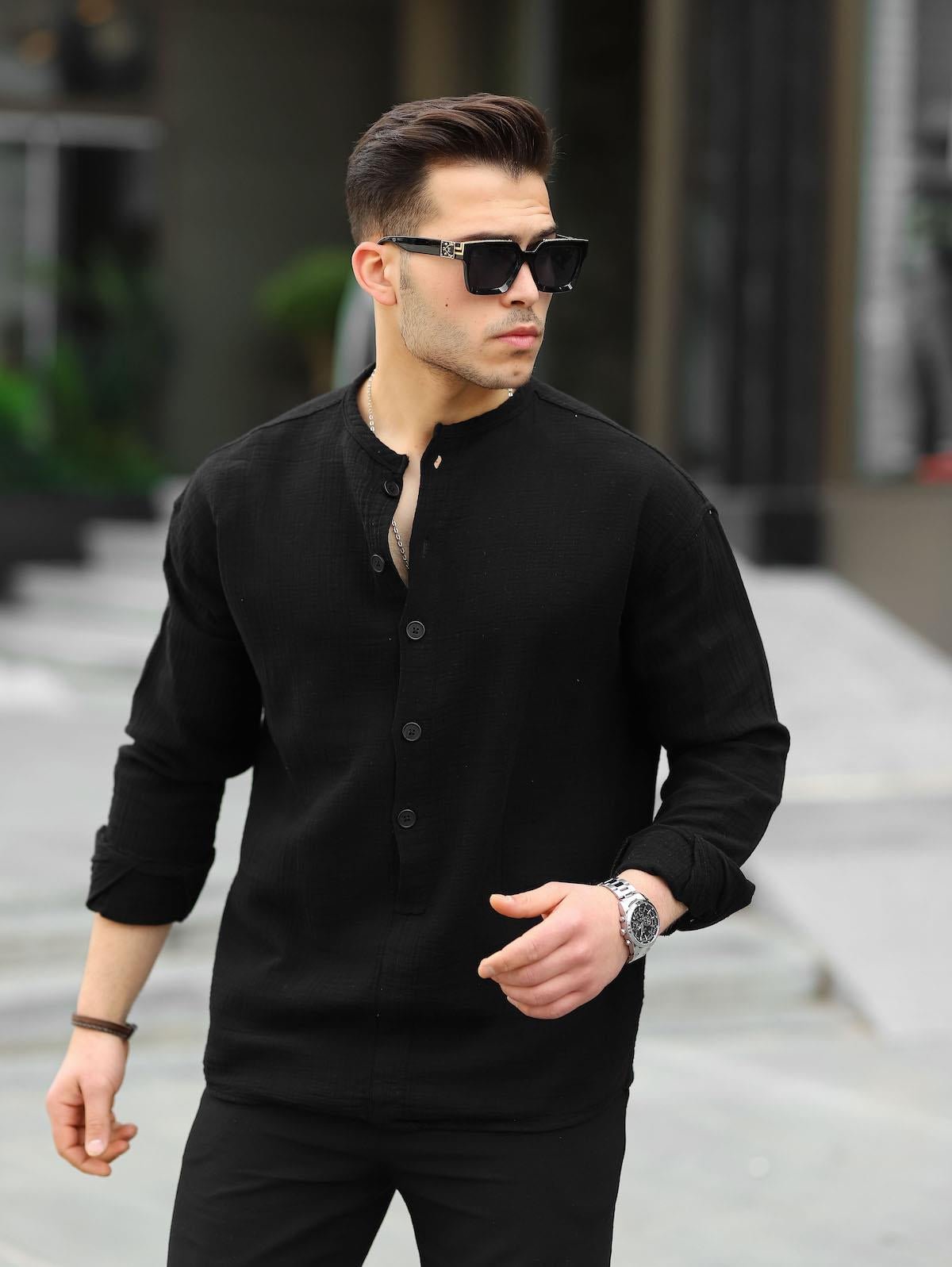 Chemise en muslin oversize à col mandarin à demi - boutonnage - Justyol