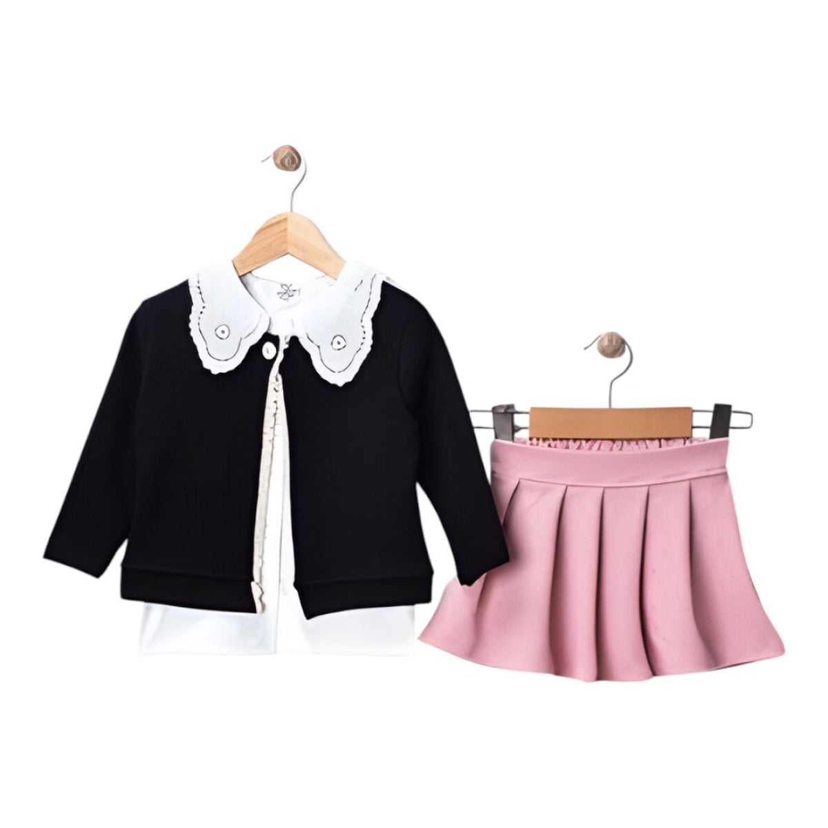 Ensemble 3 pièces avec cardigan, chemise à col en dentelle et jupe à strass