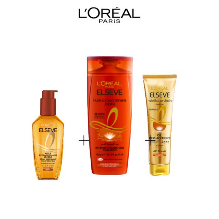 L'Oreal Paris Elseve Routine Extraordinaire Oil Jojoba  Huile 100ml+Shampooing 200ml+oil remplacemant125ml