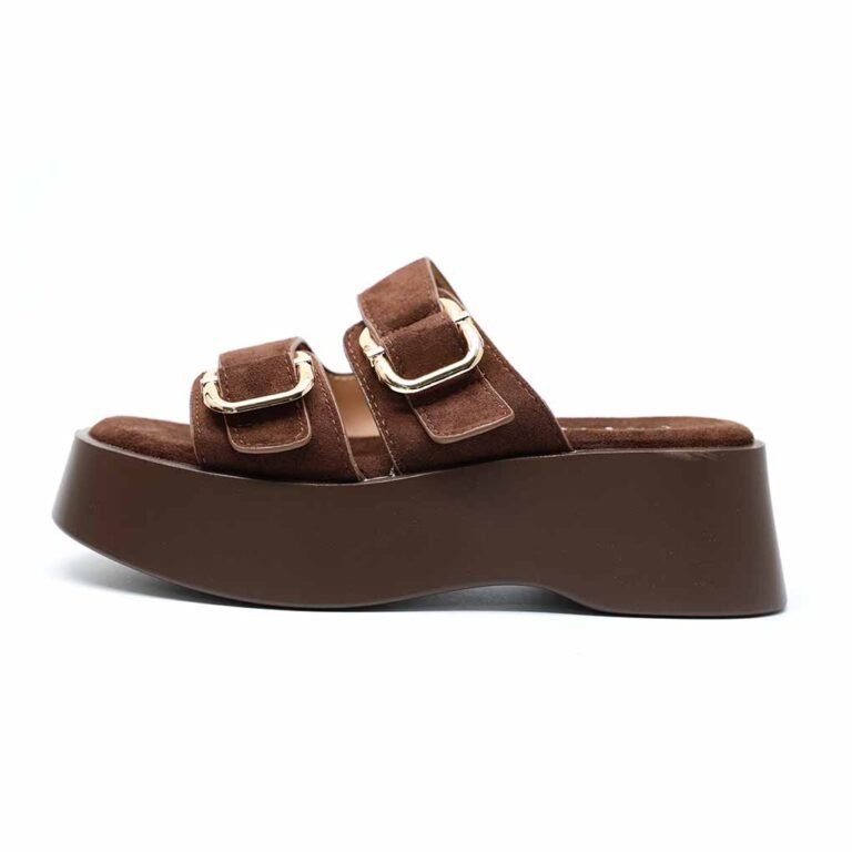 Mules Compensées Femme à Double Bride et Boucles Dorées