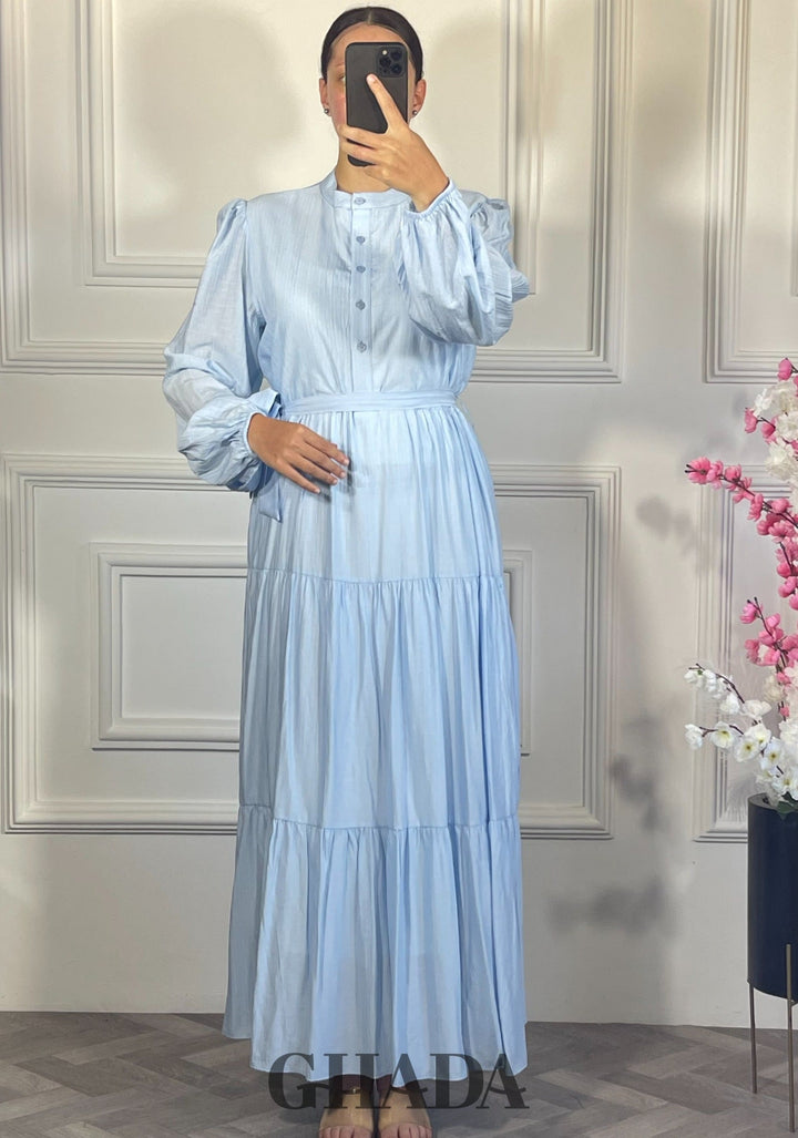 Robe longue en lin froissé - Bleu ciel