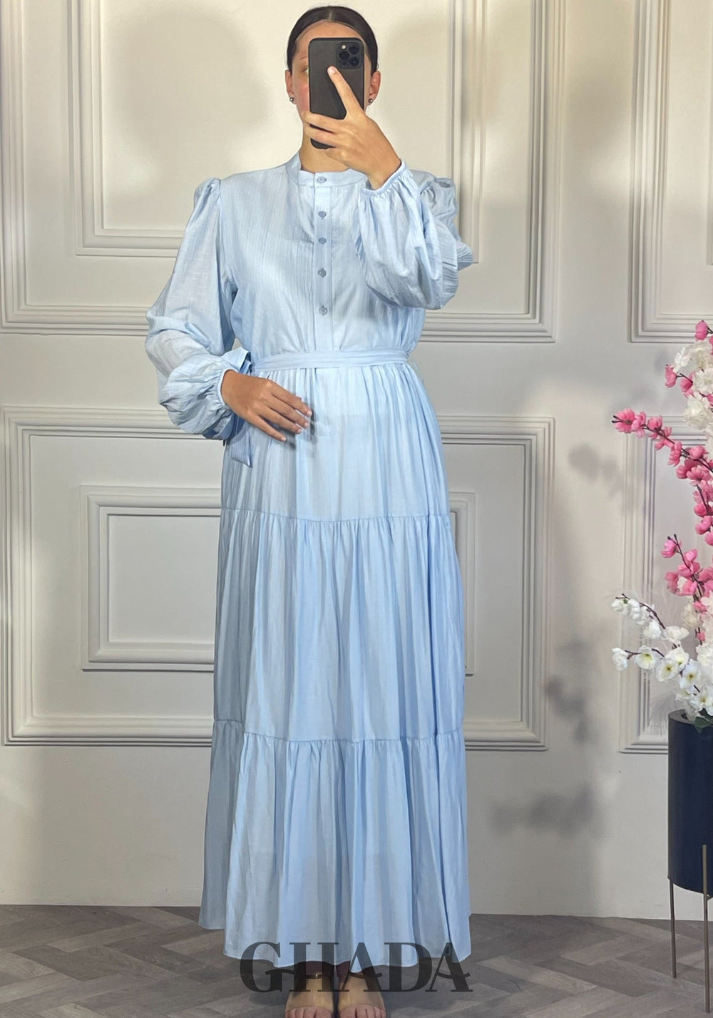 Robe longue en lin froissé - Bleu ciel