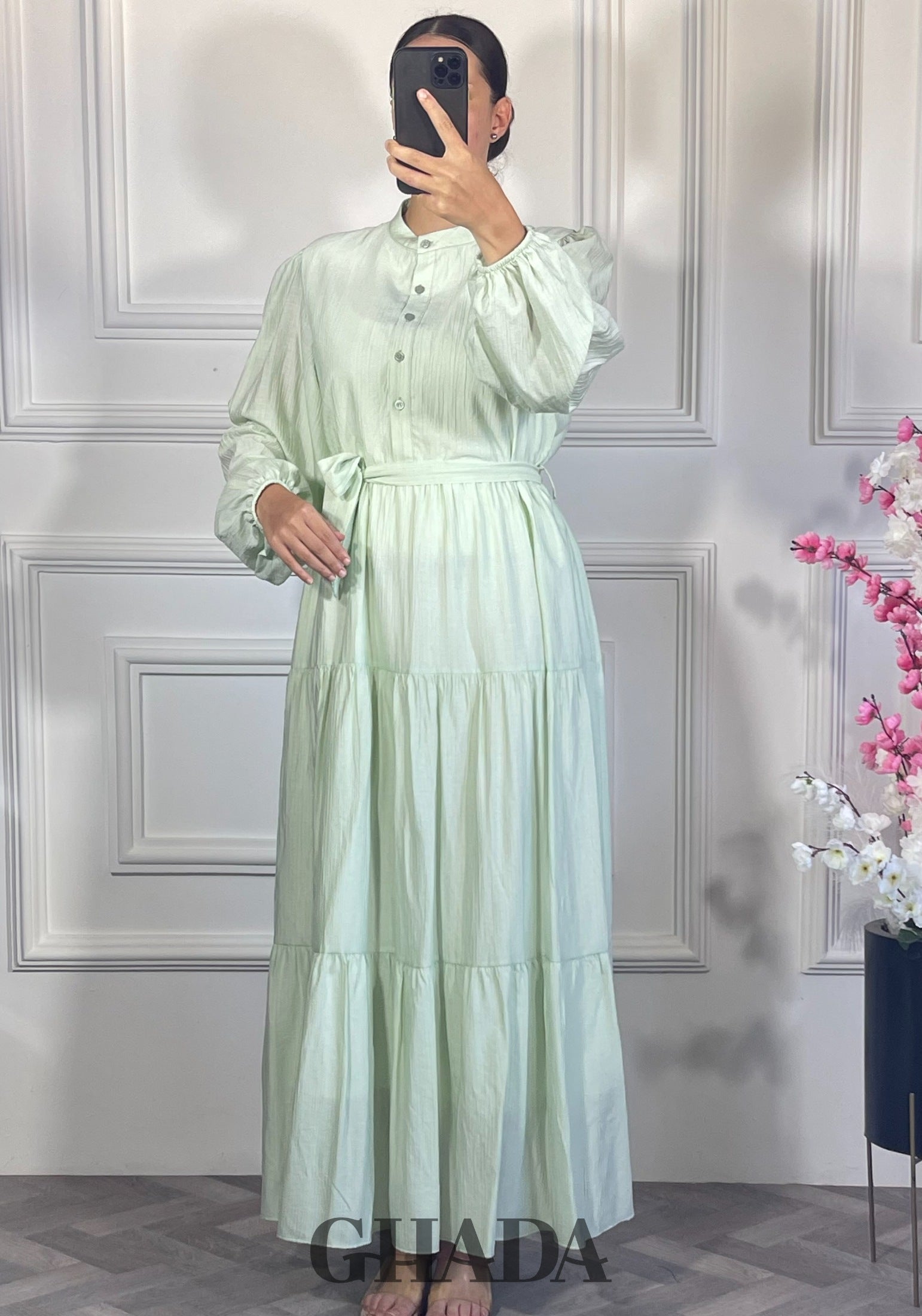 Robe longue en lin froissé - Vert eau détail broderie - robe longue femme - GHADA FASHION