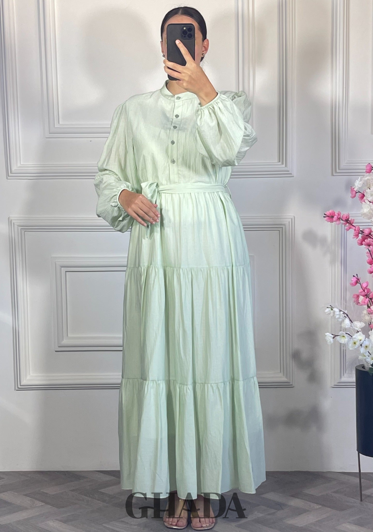 Robe longue en lin froissé - Vert eau vue complète - robe longue femme - GHADA FASHION