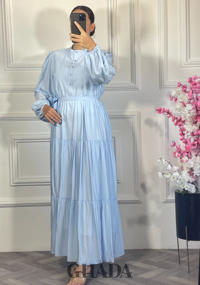 Robe longue en lin froissé - Bleu ciel