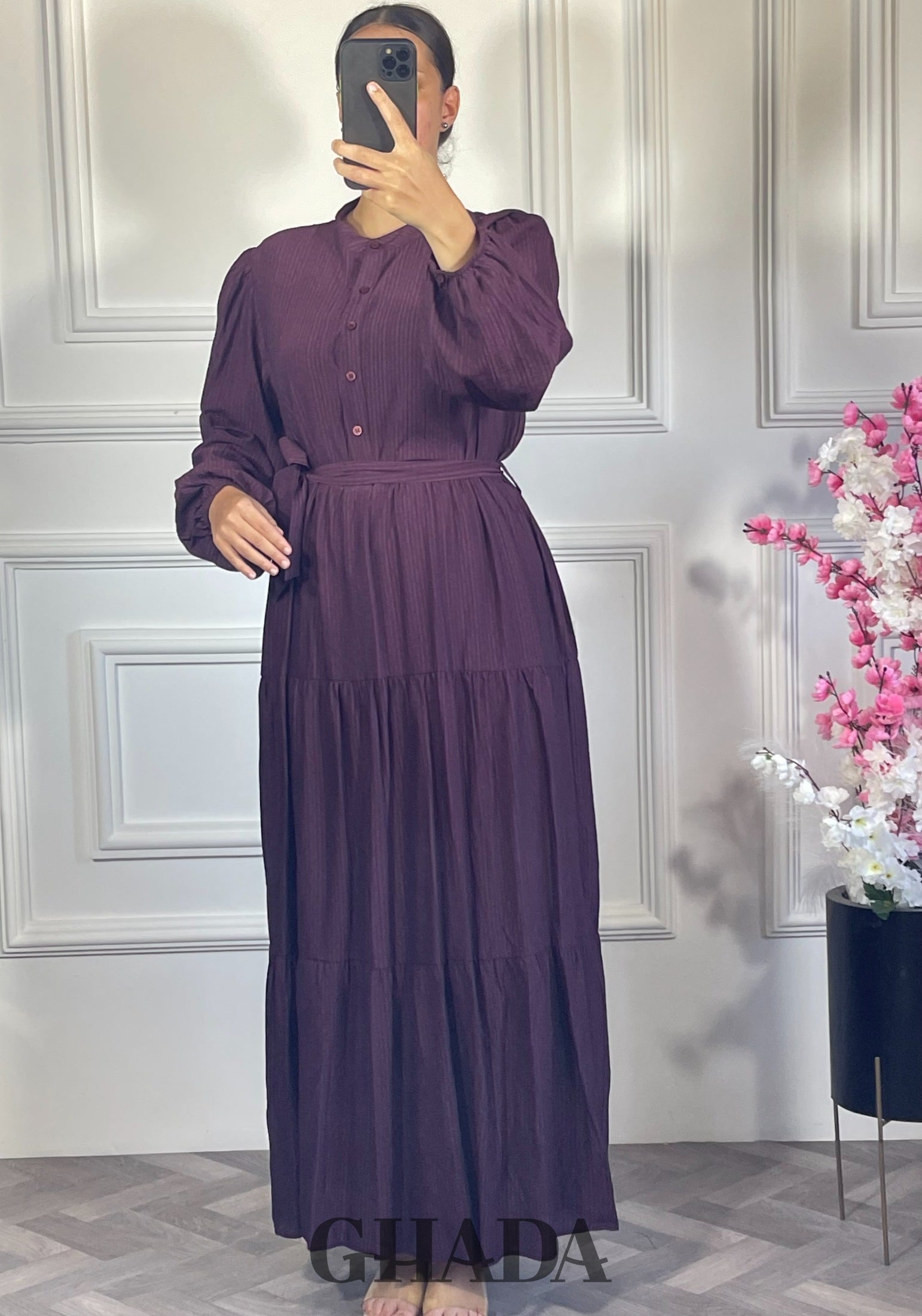 Robe longue en lin froissé - Mauve foncé détail broderie - robe longue femme - GHADA FASHION