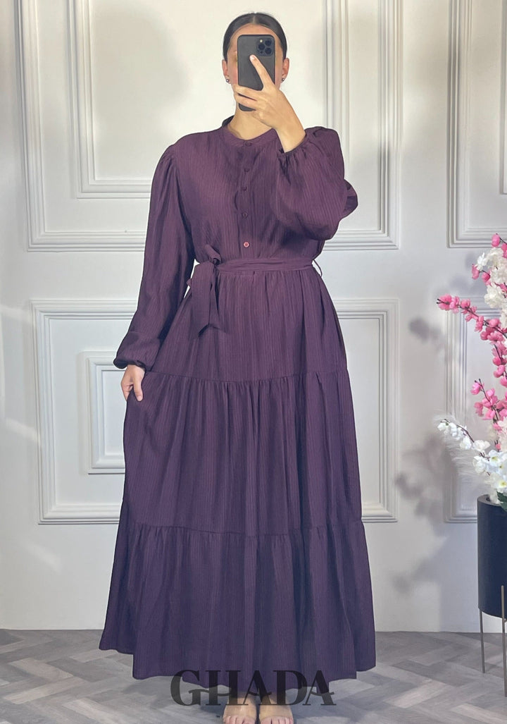 Robe longue en lin froissé - Mauve foncé