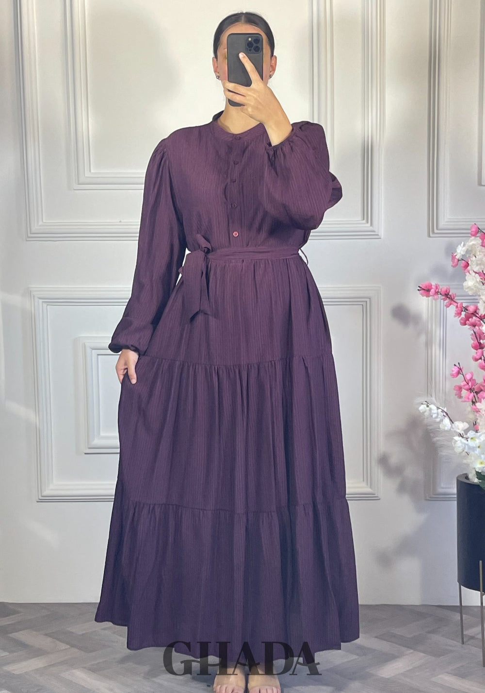 Robe longue en lin froissé - Mauve foncé