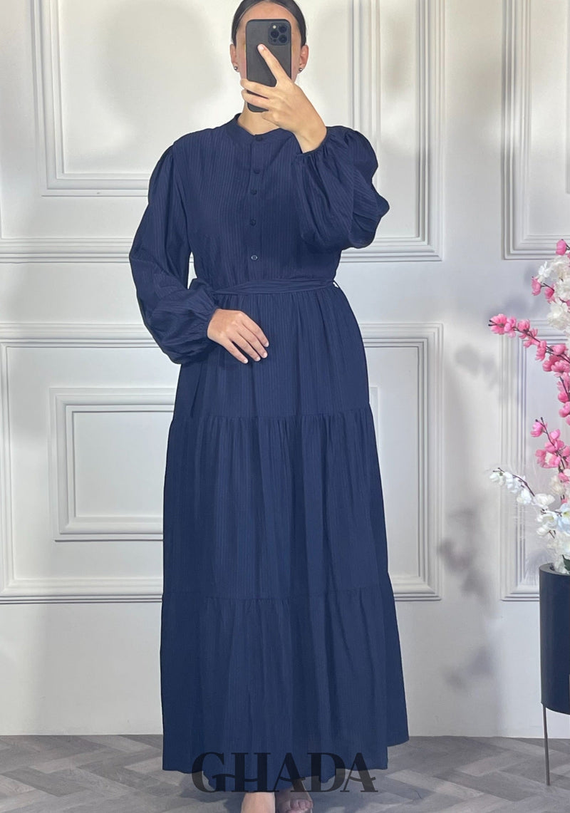Robe longue en lin froissé - Bleu marine