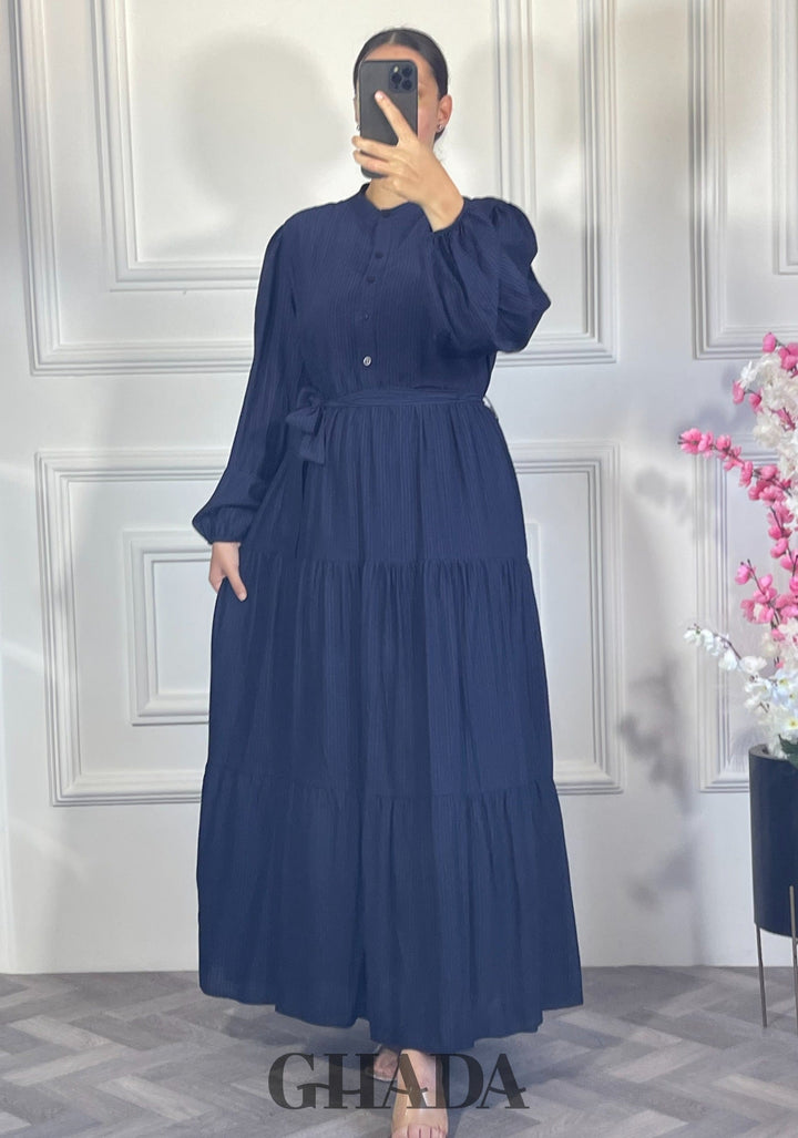 Robe longue en lin froissé - Bleu marine