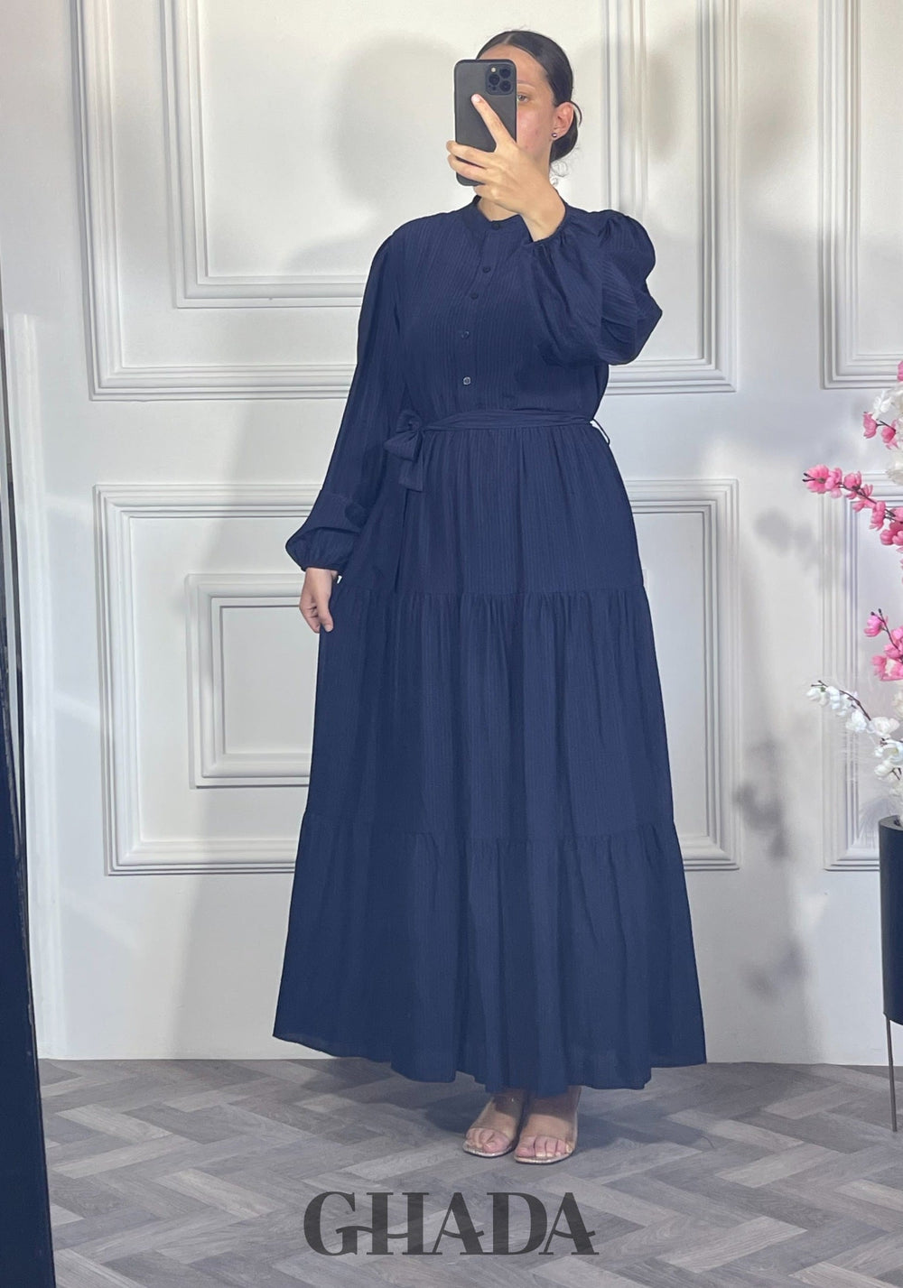Robe longue en lin froissé - Bleu marine
