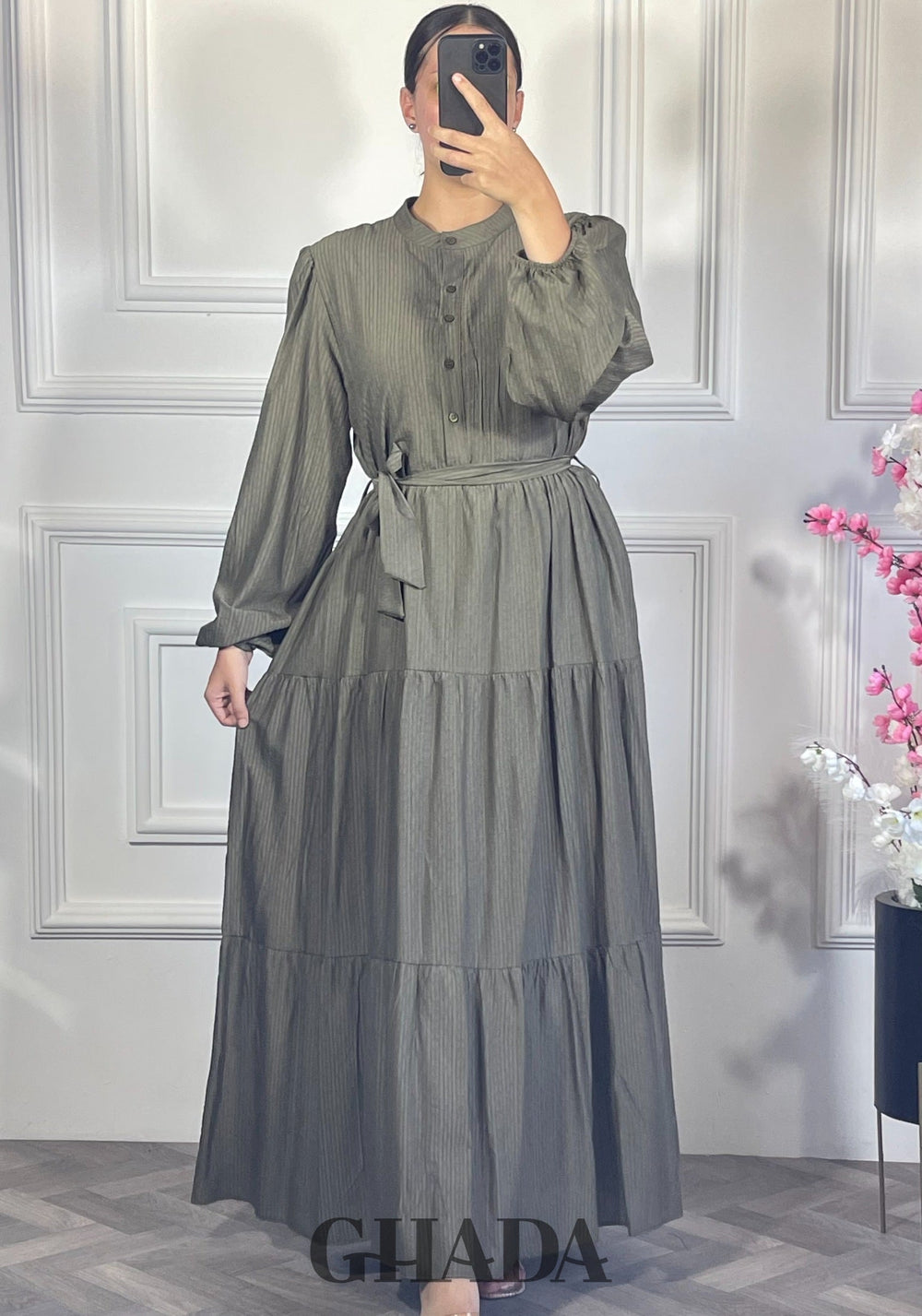 Robe longue en lin froissé - Vert kaki