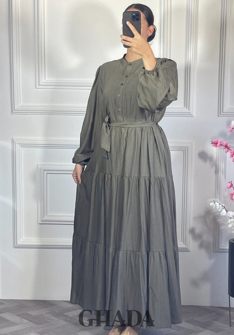 Robe longue en lin froissé - Vert kaki