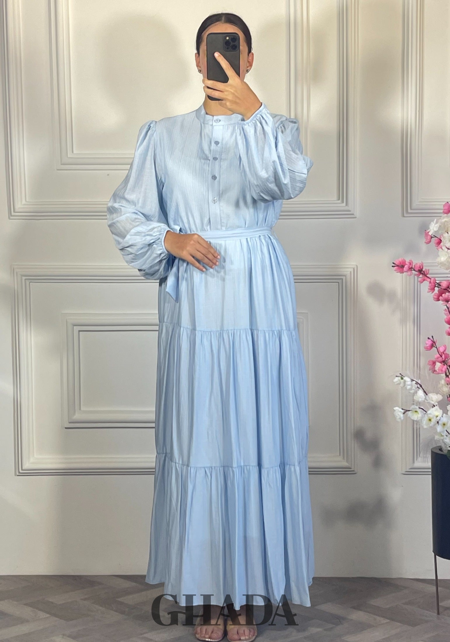 Robe longue en lin froissé - Bleu ciel vue complète - robe longue femme - GHADA FASHION