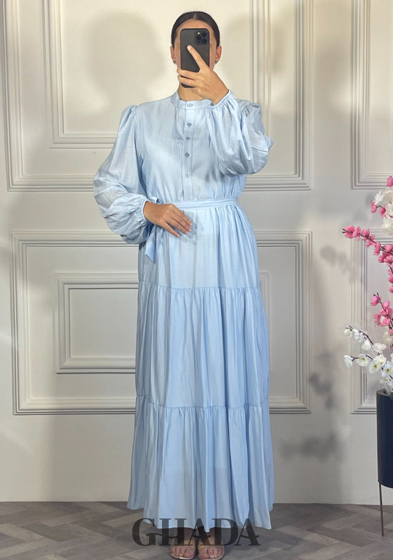 Robe longue en lin froissé - Bleu ciel
