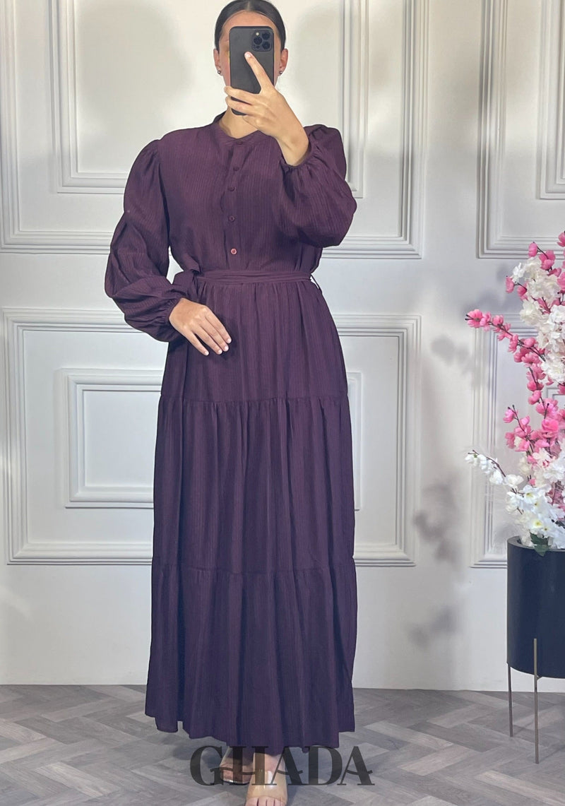 Robe longue en lin froissé - Mauve foncé