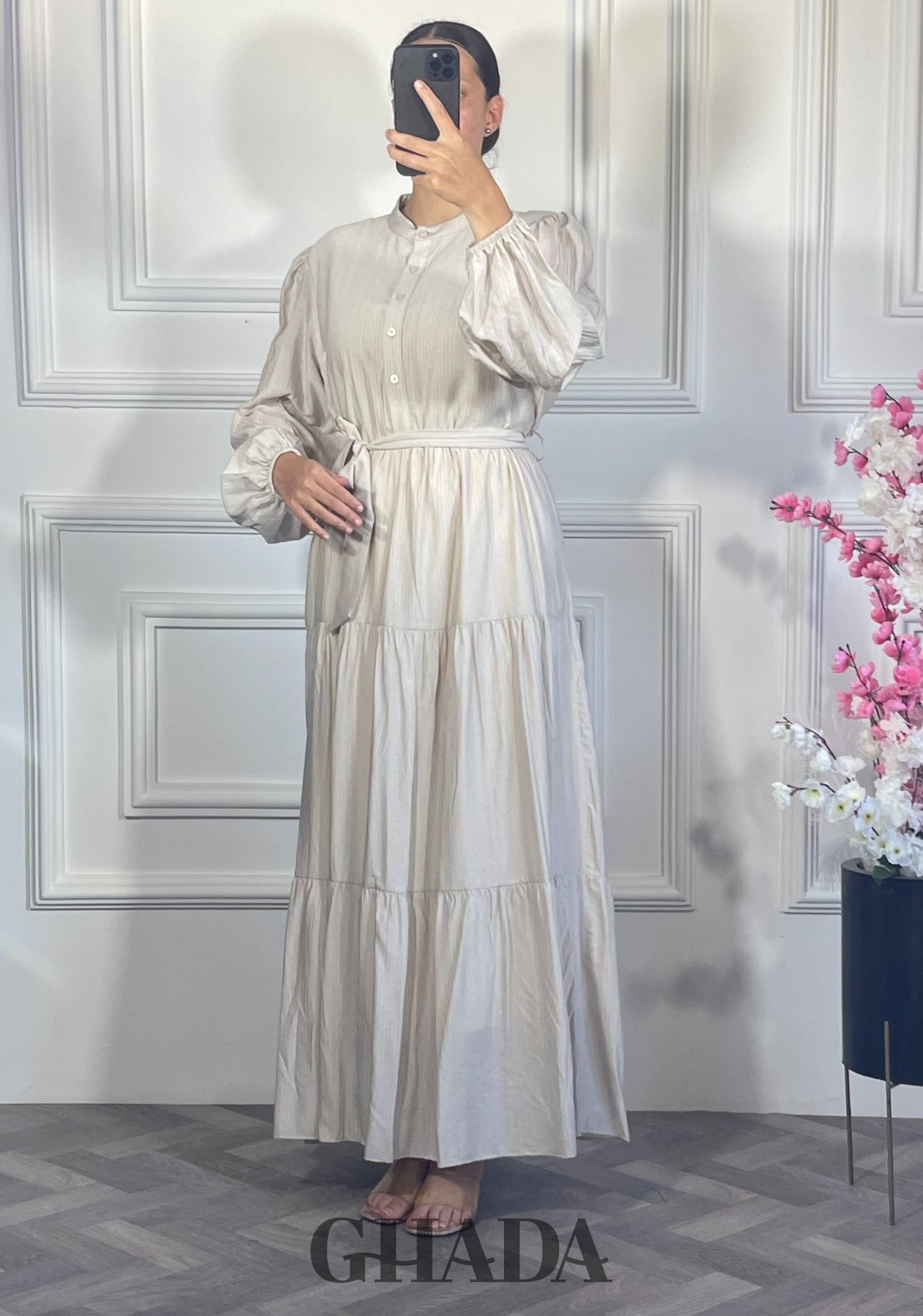 Robe longue en lin froissé - Beige détail broderie - robe longue femme - GHADA FASHION