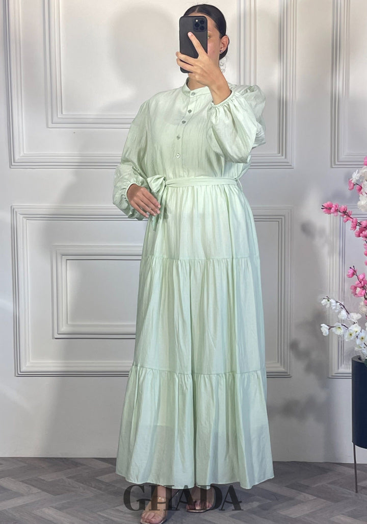 Robe longue en lin froissé - Vert eau