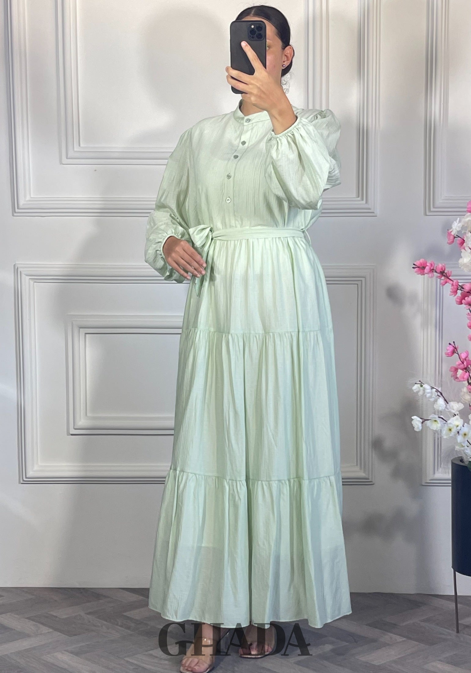 Robe longue en lin froissé - Vert eau vue de dos - robe longue femme - GHADA FASHION