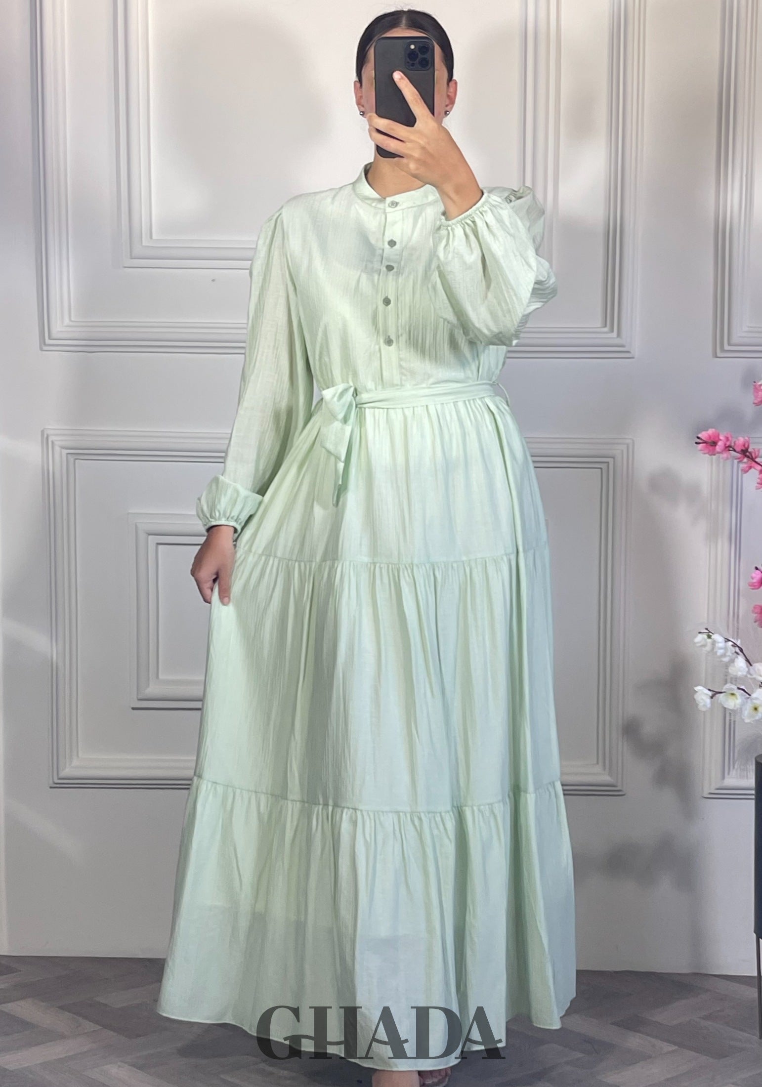 Robe longue en lin froissé - Vert eau vue de face - robe longue femme - GHADA FASHION