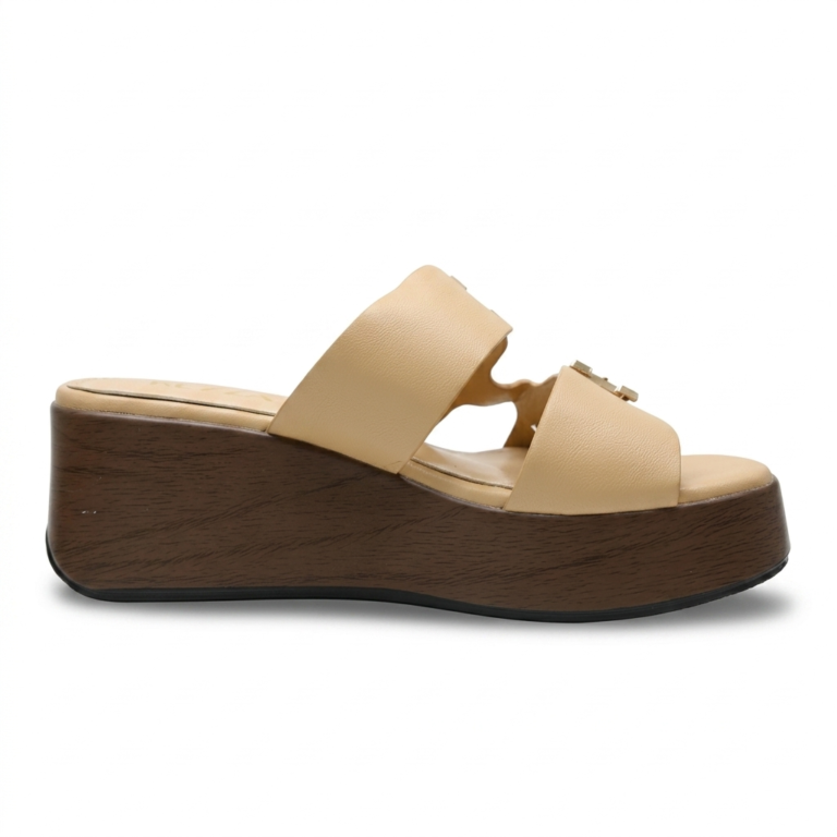 Mules Compensées Femme à Double Bride et Boucles Dorées