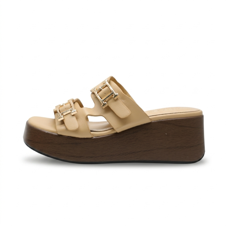 Mules Compensées Femme à Double Bride et Boucles Dorées