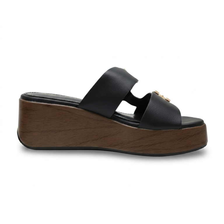 Mules Compensées Femme à Double Bride et Boucles Dorées