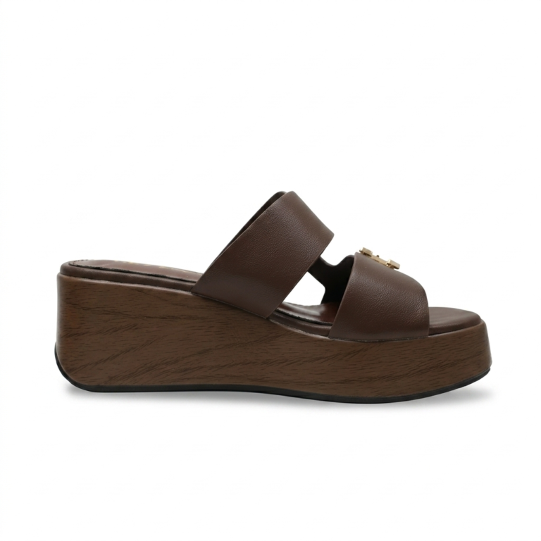 Mules Compensées Femme à Double Bride et Boucles Dorées