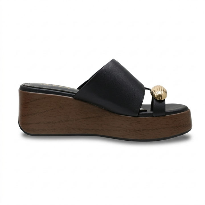 Mules Compensées Femme à Entredoigt et Détail Doré Chic